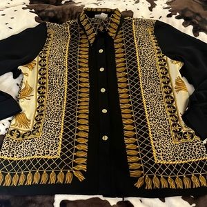 Vintage leopard & tassel print button down shirt L smooth sleek classic chic 🐆